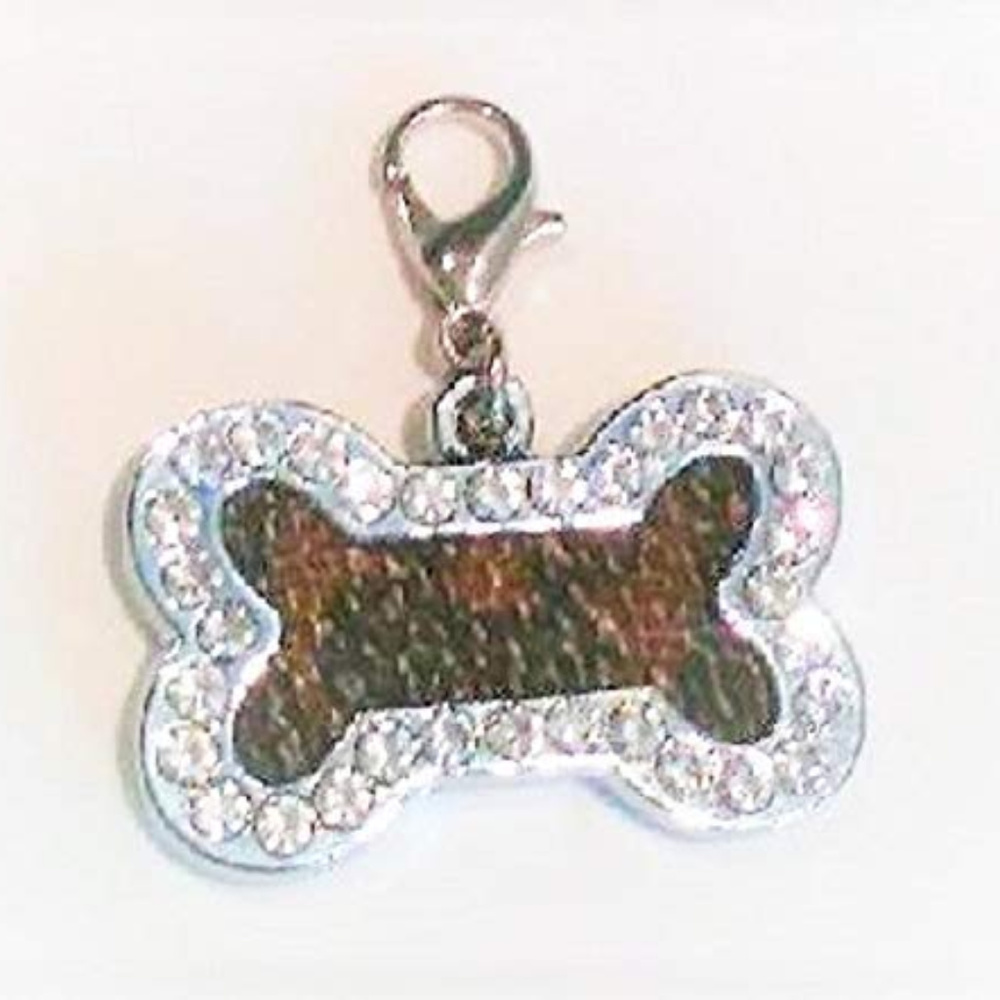 Dog Bone Crystal Charm w REPURPOSED Louie Vuitton Mongram for Dog Cat Pet People - Picture 5 of 6